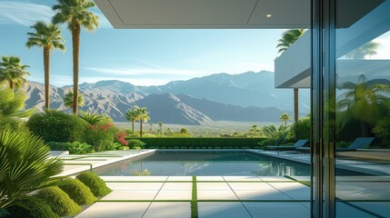 A patio open to a lush landscape in palm springs, in the style of flattened perspective, rectangular fields. Generative AI.
