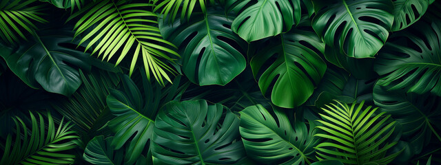 Tropical leaves background. Green leaf banner and floral jungle pattern concept. abstract green leaf texture. - obrazy, fototapety, plakaty