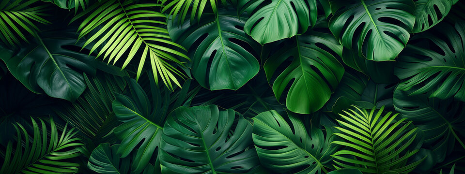 Fototapeta Tropical leaves background. Green leaf banner and floral jungle pattern concept. abstract green leaf texture.