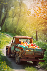Vintage truck full of colorful Easter eggs on a meadow with grass and spring flowers. Concept of logistics, cargo and shipping.