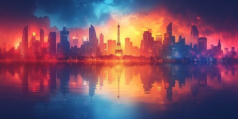 Sunset in the City of Lights: Eiffel Tower and Skyscrapers Reflected in the Water Generative AI
