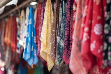 rows of hijabs hanging from a market stall - obrazy, fototapety, plakaty