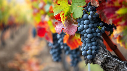 Autumn in the vineyard, featuring close-up views of red and green leaves, with healthy grapes ready...