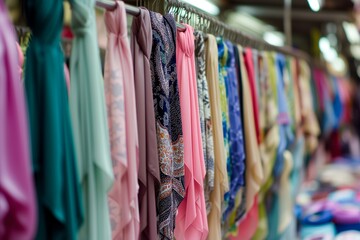 rows of hijabs hanging from a market stall - obrazy, fototapety, plakaty