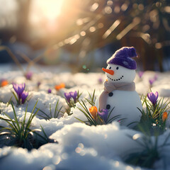 Snowman on a meadow with grass and spring flowers growing through the melting snow. Concept of spring coming and winter leaving.