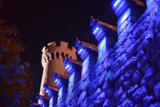 blue and white leds on castle parapet for event