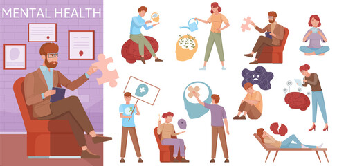 Mental health illustration and icons in flat design