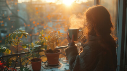 Morning Coffee on the Balcony.
Wooman enjoying coffee on the balcony at sunrise, warm colors of the morning , cityscape in the background - obrazy, fototapety, plakaty