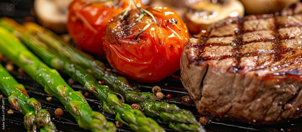 Canvas Prints Close-up view of asparagus spears, tomato, and mushrooms, accompanied by a juicy beef steak.