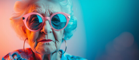 Portrait of good looking senior woman wears spectacles bright makeup looks at camera with pleased expressionisolated over colorful background. People age concept. Image of a beautiful and elegant old 