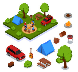 Isometric picnic barbeque icon illustrations with family having lunch in a park and camping elements