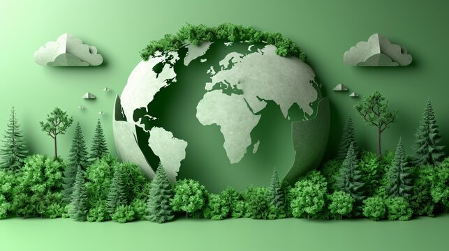 Eco-Friendly Earth Day Celebration: A Green Globe with Trees and Clouds Generative AI