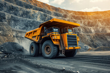 A giant mining truck loaded with ore drives through the rugged terrain of an open-pit mine