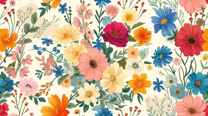 Seamless pattern with delicate bouquets of roses, rosehip flowers,berries, aquilegia, pink tulips and eucalyptus , generative ai,  - obrazy, fototapety, plakaty