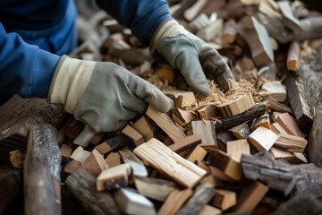 closeup of hands with gloves sorting different wood types
