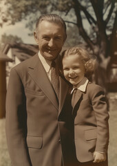 vintage portrait photo of smiling dad holding daughter in technicolor photo style	