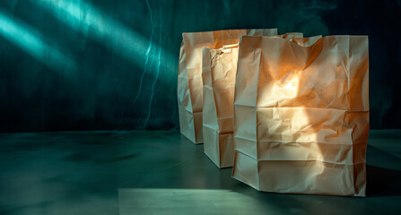 Craft brown shopping paper bag on blue background with soft Sfumato lightening.