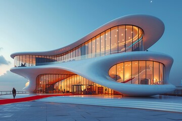 Modern Architectural Marvel: A Futuristic Building with Curved Walls and Glass Entrances Generative AI