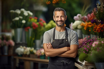 Confident male florist with arms crossed in flower shop