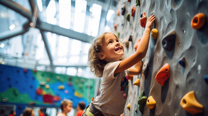 Happy young girl enjoying indoor rock climbing adventure, active lifestyle