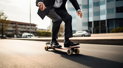 Businessman on skateboard in urban setting showcasing balance and skill