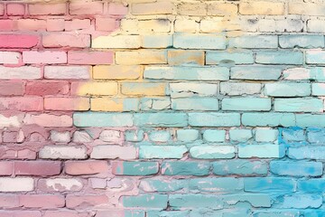  A full-frame image of a brick wall painted in a soft pastel rainbow gradient, ideal for backgrounds with a touch of color
