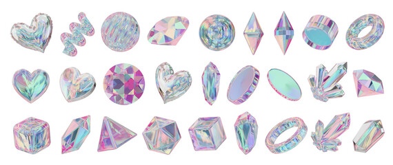 Heart and Gem holographic decoration set pack isolated background 3d rendering 