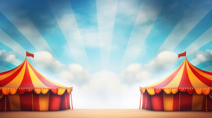 Colorful circus tents under blue sky with radiant sun beams