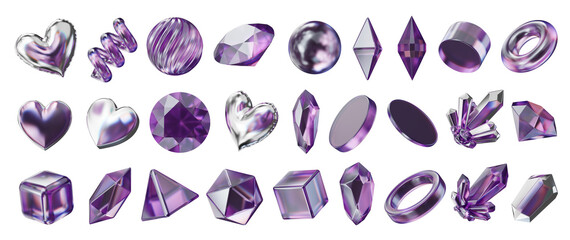 Heart and Gem decoration set pack isolated background 3d rendering 