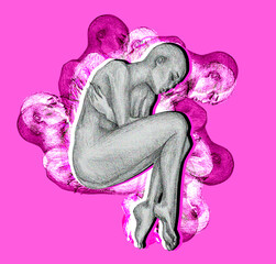 Abstract portrait of sleeping naked girl pink colors modern art illustration mood of sadness fashion illustration. Hand drawn young woman.