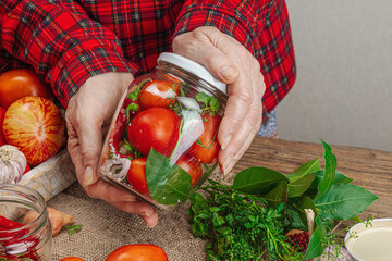 Preserved season vegetable concept. Harvest of tomato, chili, greens, onion and garlic