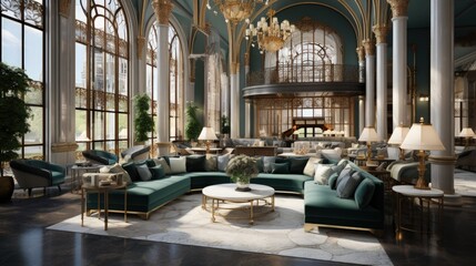 A grand hotel lobby with luxurious furnishings