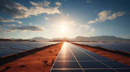 drone view solar panel field in desert realistic - obrazy, fototapety, plakaty