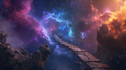 Foto op Canvas Fantasy bridge connecting celestial rock formations under cosmic sky. Space and fantasy concept. © Postproduction