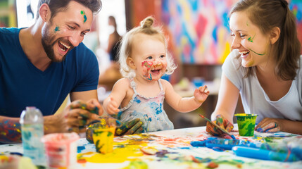 Fototapeta premium Happy family enjoying art activity together, painting fun with child