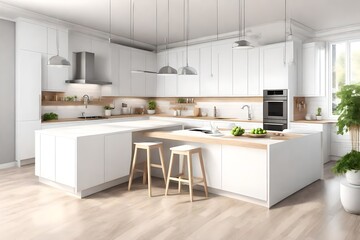 Fototapeta na wymiar 3d Illustration of white modern kitchen in a flat with beautiful design,A simple kitchen that is sober and complete, 