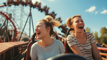 couple of friends riding a roller coaster at an amusment park