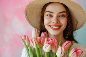 Portrait of a happy woman with a bouquet of tulips, pastel background