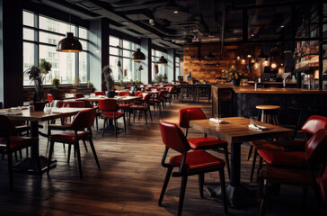 Fototapeta na wymiar Cozy wooden interior of restaurant, copy space. Comfortable modern dining place, contemporary design background