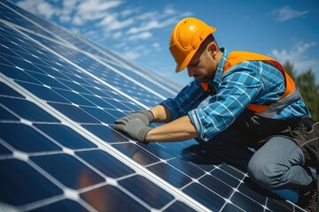 Solar Panel Installer, Technician wearing a safety helmet and high-visibility vest is installing or maintaining solar panels. Generative AI.