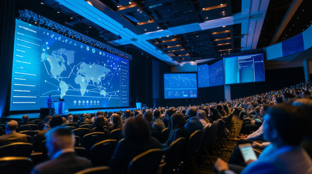 A speaker presents to an audience at an international conference, with a large screen displaying intricate global data trends and analytics.