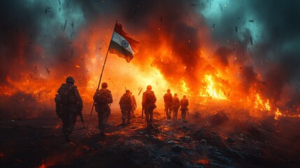 Indian Army Soldiers Walking in the Fire Generative AI - obrazy, fototapety, plakaty