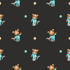 Cute teddy bears on dark background, seamless pattern for kids.