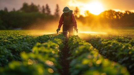 Fototapeta premium A farmers fertilizing or spraying pesticides on growing tobacco fields. farmers planting tobacco season. Agriculture tobacco leaves Farming 