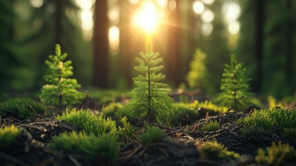 A tiny fir trees in the foreground with mature forest in spring in the background, sun shining through. Generative AI. - Powered by Adobe