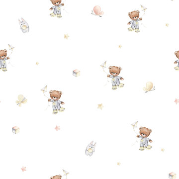 Vintage seamless pattern, teddy bear pattern, children's pattern for textile and print.