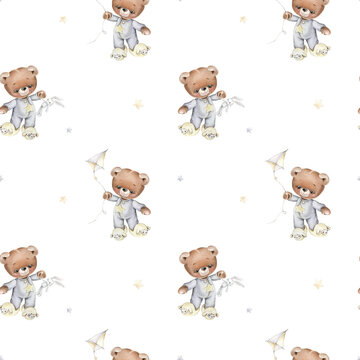 Teddy bear seamless pattern on white background for kids textile