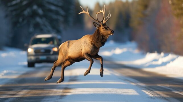 Elk deer suddenly jumps onto the road in front of a moving car