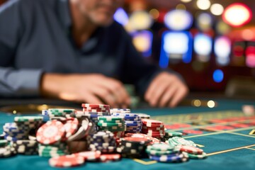 man with a pile of chips in front of him at a casino table