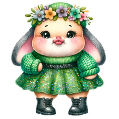 Cute Bunny making ducking face gesture watercolor on Earth day. Rabbit cartoon character wearing green knit dress. 